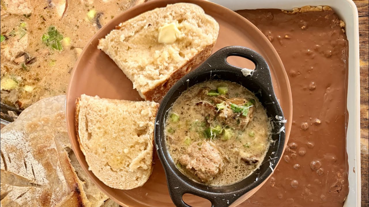 Creamy French Onion Mushroom Soup with Pork Meatballs + Homemade Sourdough & Scotcheroos