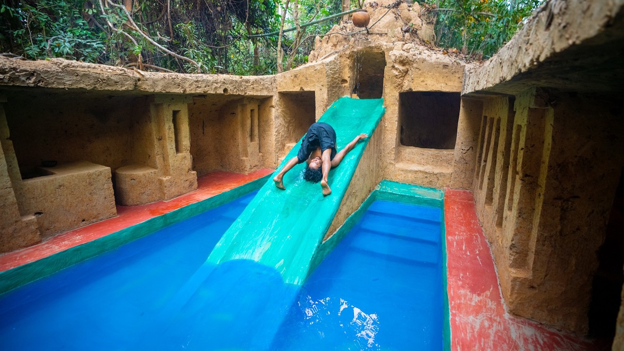 30 Days Built Underground Temple Tunnel and Water Slide Swimming Pool