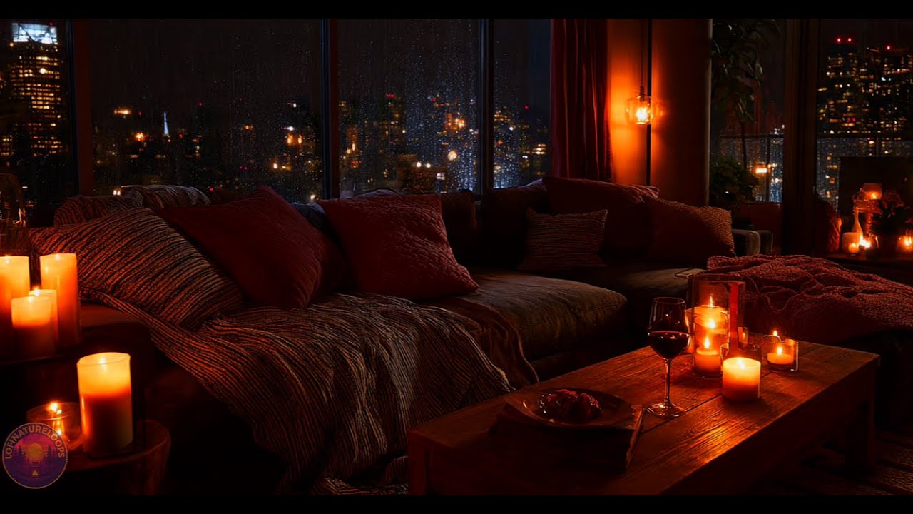 Cozy Rainy City Night 🌧️ Candlelight Living Room Ambience for Deep Sleep, Peace & Calm