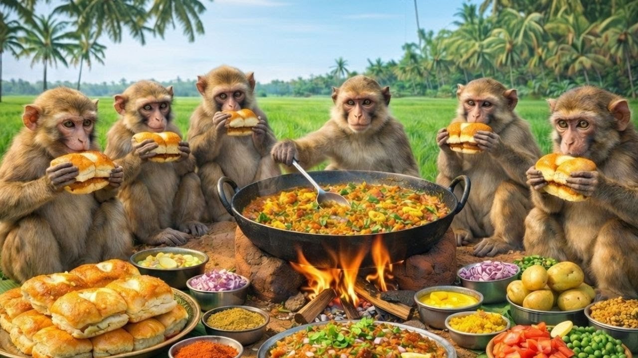 बंदरों ने देसी स्टाइल में बनाया पाव भाजी 🔥  Monkeys Cooked Pav Bhaji in Desi Style