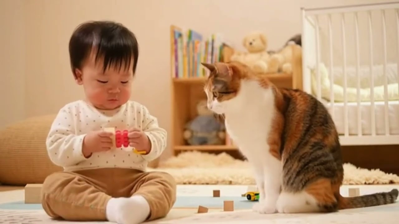 赤ちゃんの落とし物を猫が“ちょん”…そっと寄せる神対応