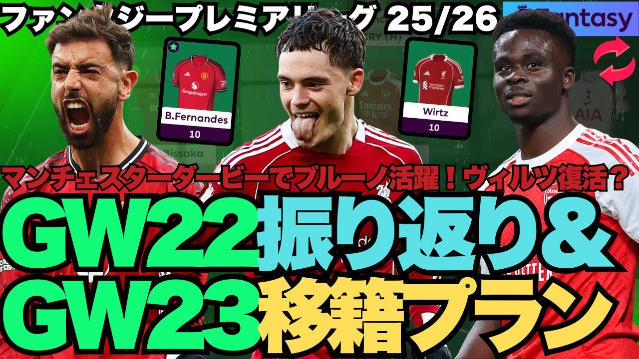【FPL GW23】マンチェスターダービーでブルーノ活躍！ヴィルツ復活？GW22振り返り&GW23移籍プラン！
