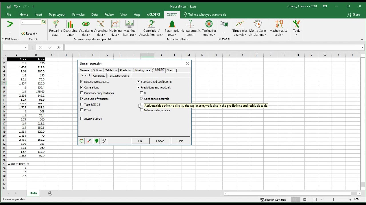 Simple Linear Regression using XLSTAT