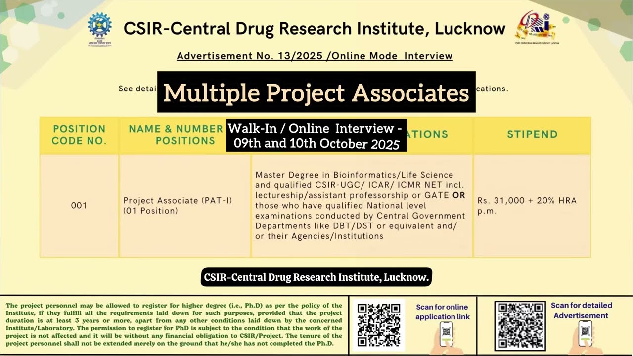 Project Associate positions, @CSIR - Central Drug Research Institute, Lucknow Uttar Pradesh #job 