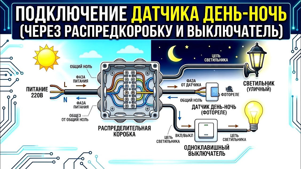 СЕКРЕТ ПРАВИЛЬНОГО ПОДКЛЮЧЕНИЯ! Датчик день-ночь + выключатель за 5 минут