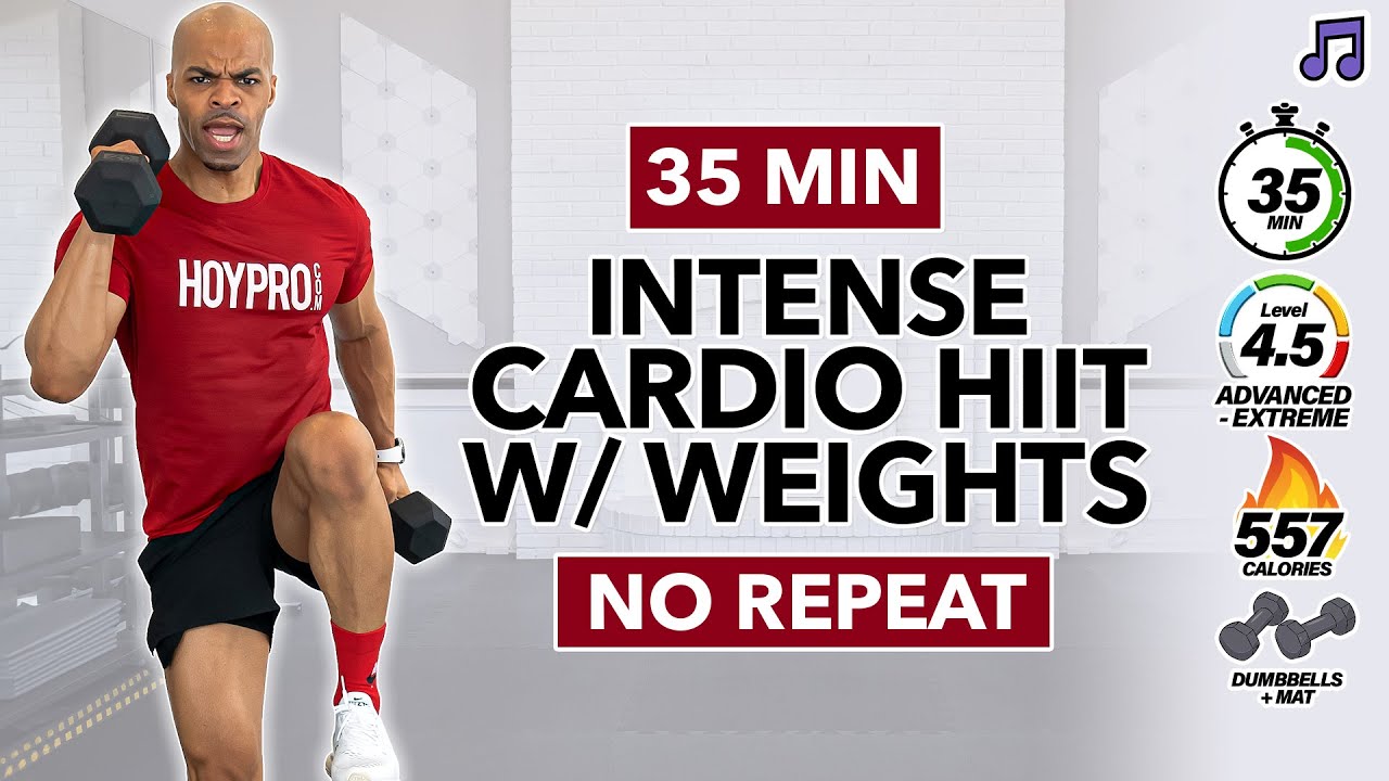 35 MIN HIGH INTENSITY Cardio HIIT Workout with Weights | Full Body, No Repeat, At Home