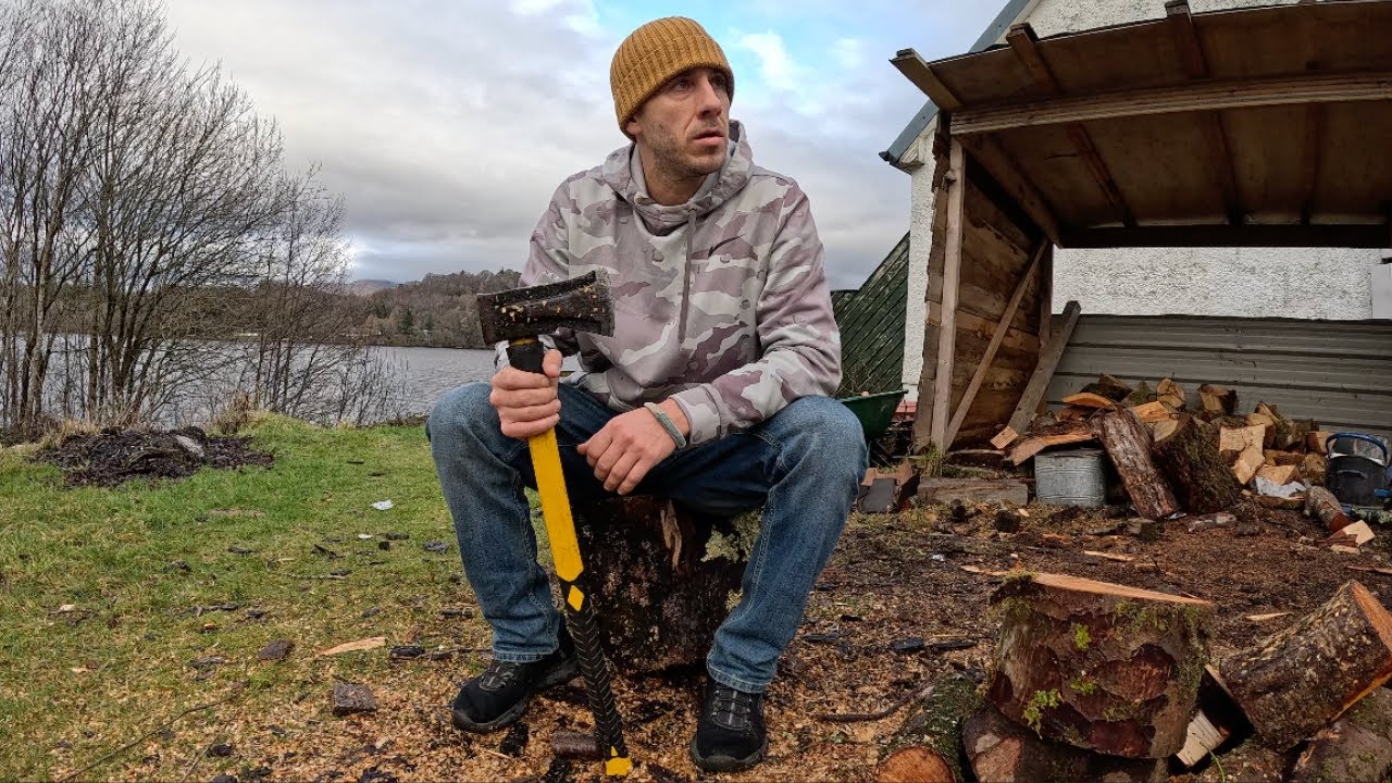 BROKE IN BRITAIN — chopping wood in Scotland