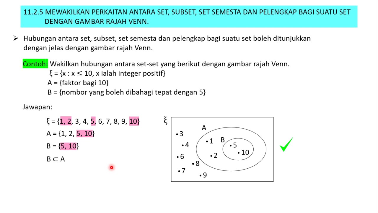11.2.5 MEWAKILKAN PERKAITAN ANTARA SET, SUBSET, SET SEMESTA DAN SET PELENGKAP DENGAN GAMBARAJAH VENN