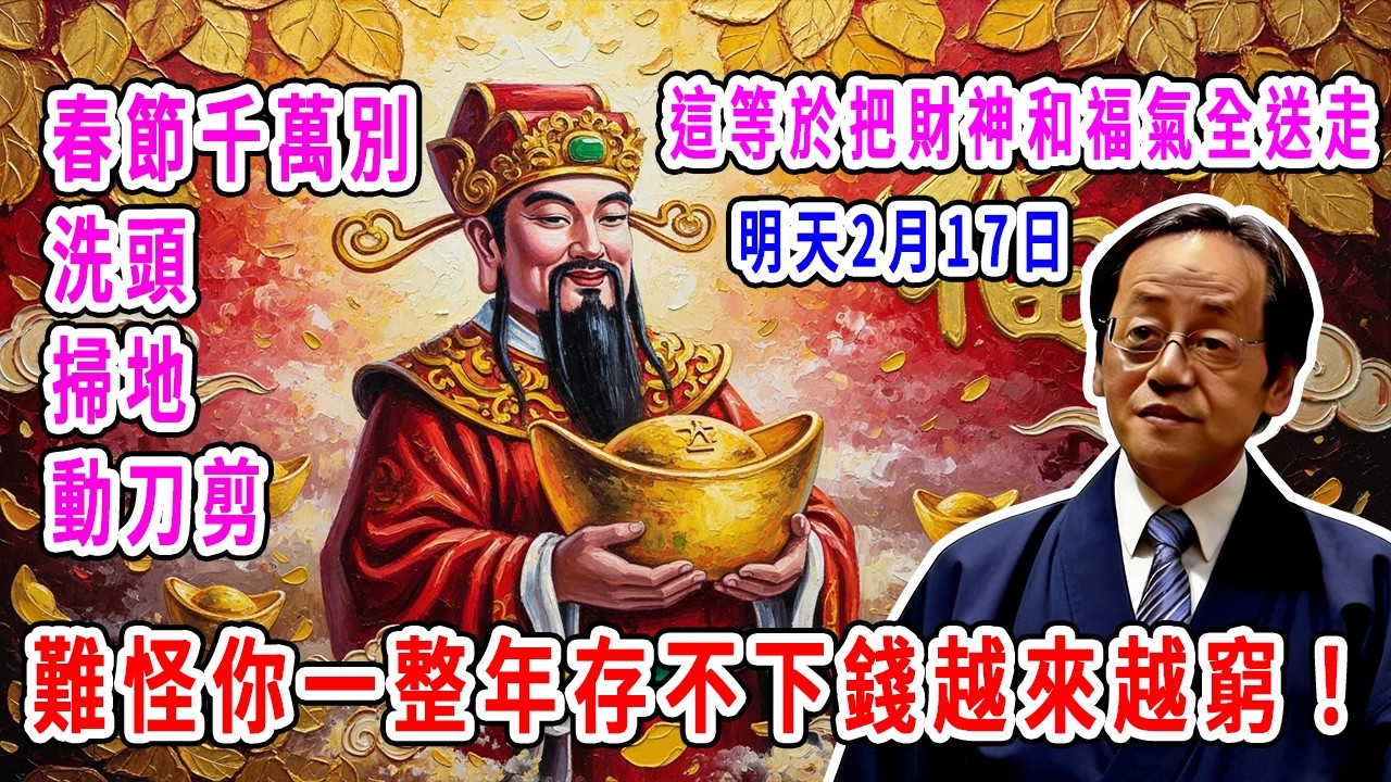 明天2月17日春節千萬別洗頭、掃地、動刀剪，這等於把財神和福氣全送走，難怪你一整年存不下錢越來越窮！