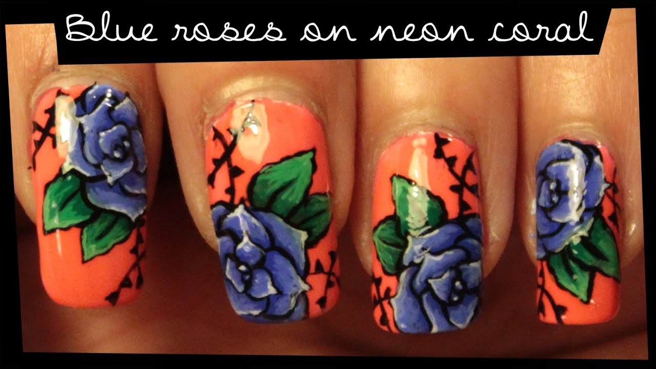 Blue Roses On Neon Coral nail art