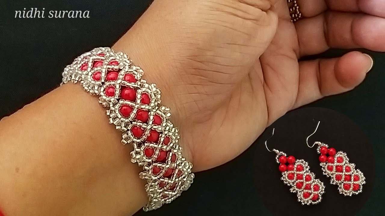 ⚜️ Gorgeous Bracelet+Earrings || Red&Silver Party Wear Band || Aretes & Pulsera Tutorial Diy (0402)
