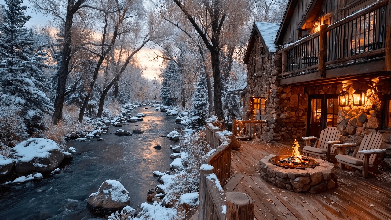 Calming River Porch with Cozy Winter Cabin Campfire & Nature Sounds