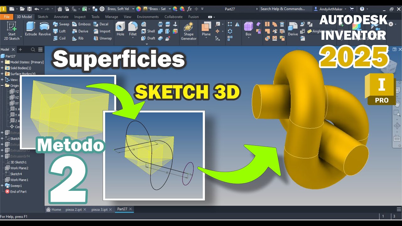 Modela Piezas en 3D con Superficies y Sketch en Autodesk Inventor 2025