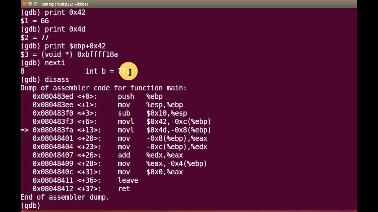 GDB Debugging: Examine x86 addition Instructions using C and gdb on 32 bit Linux