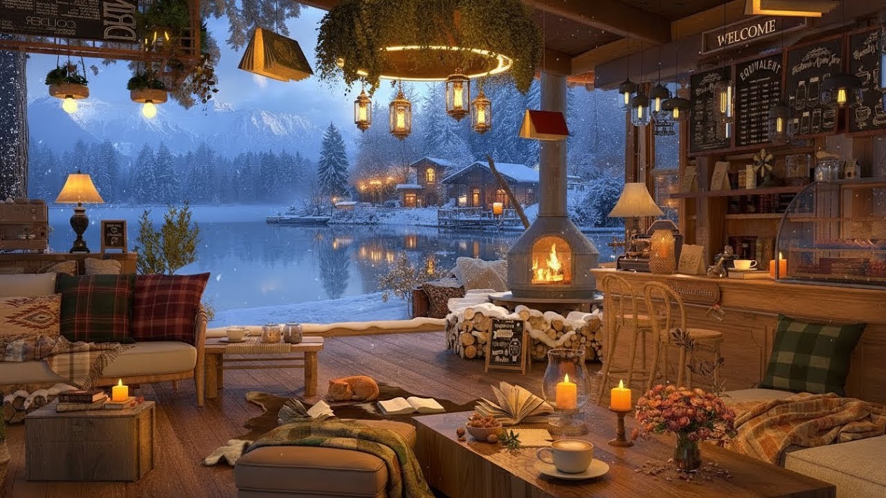Peaceful Winter Coffee Shop by the Lake ❄️☕ Warm Fireplace Coffee Vibes