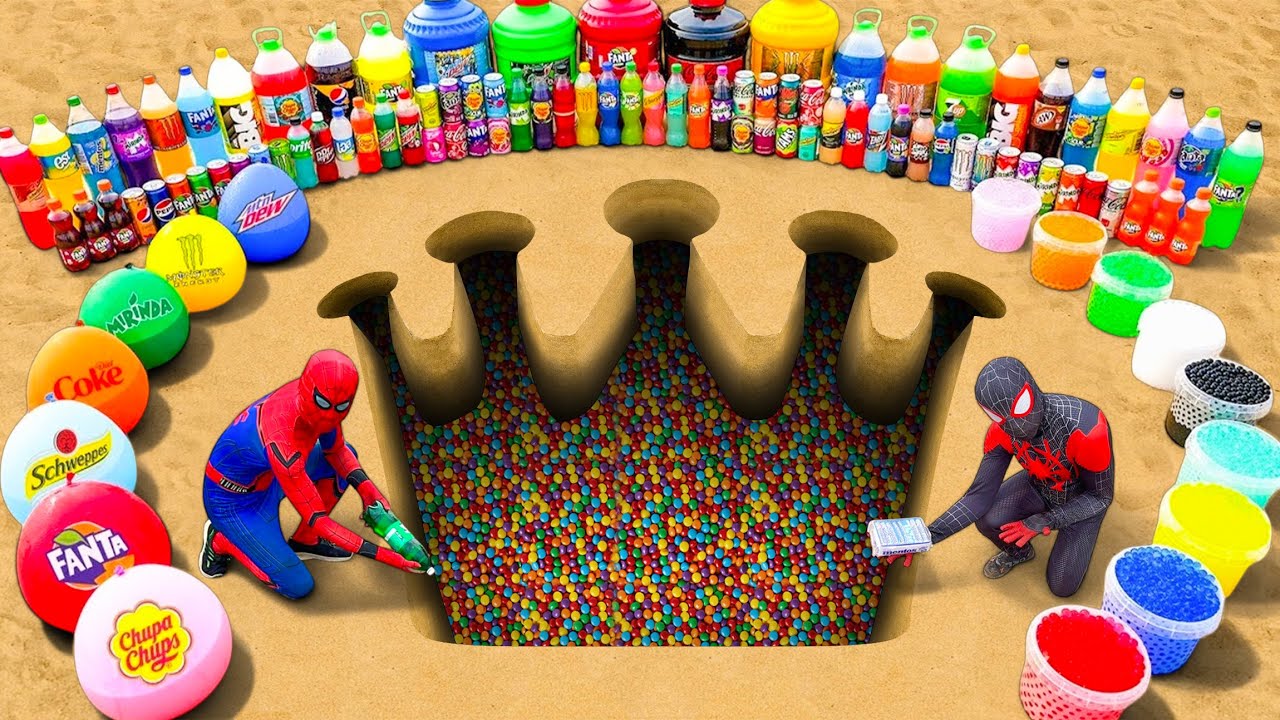 Spiderman & Big Toothpaste Eruption from Crown Pit, Giant Sodas, Fanta, Pepsi, Coca Cola & Mentos