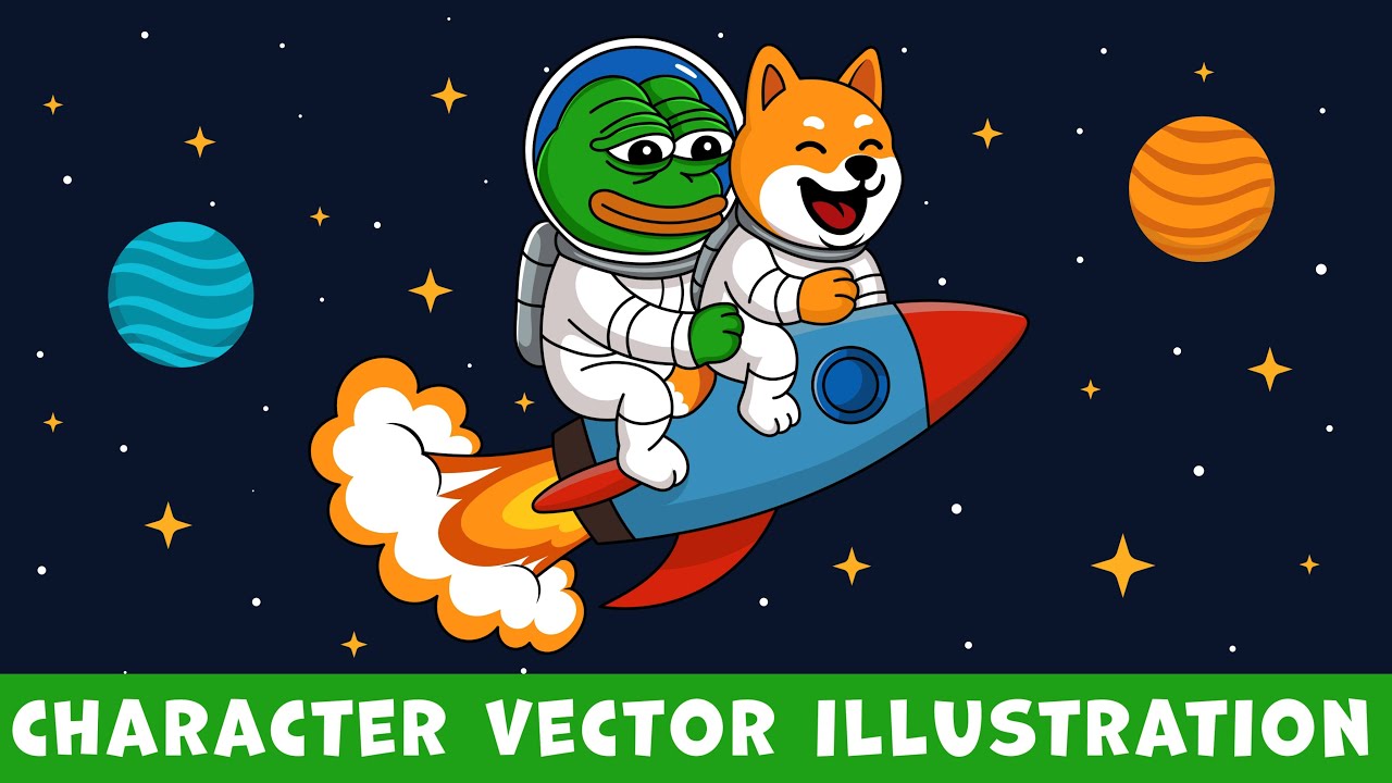A Space Trip with Pepe and Shiba illustration using adobe illustrator✨🐸🐶🚀