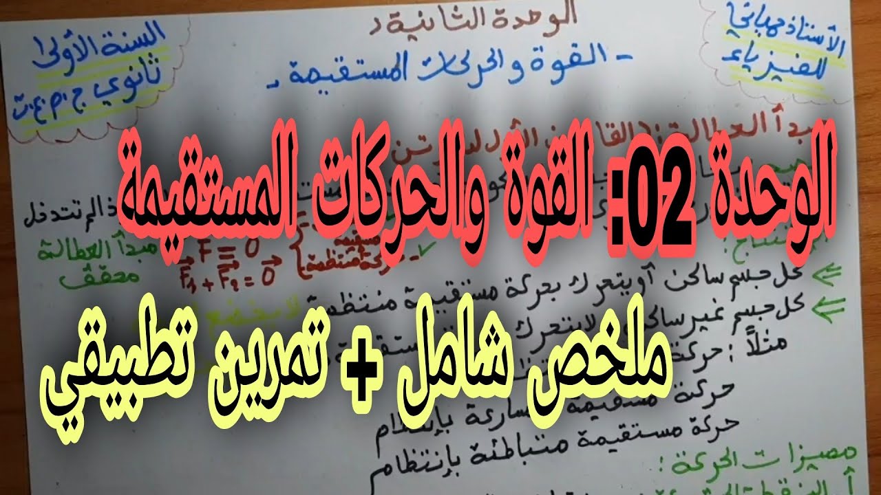 القوة والحركات المستقيمة  للسنة اولى ثانوي (ملخص شامل +تمرين تطبيقي)