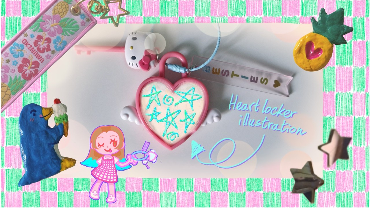 Hello kitty heart locker illustration 💗🍍🥥🛸🍹🌴⭐️