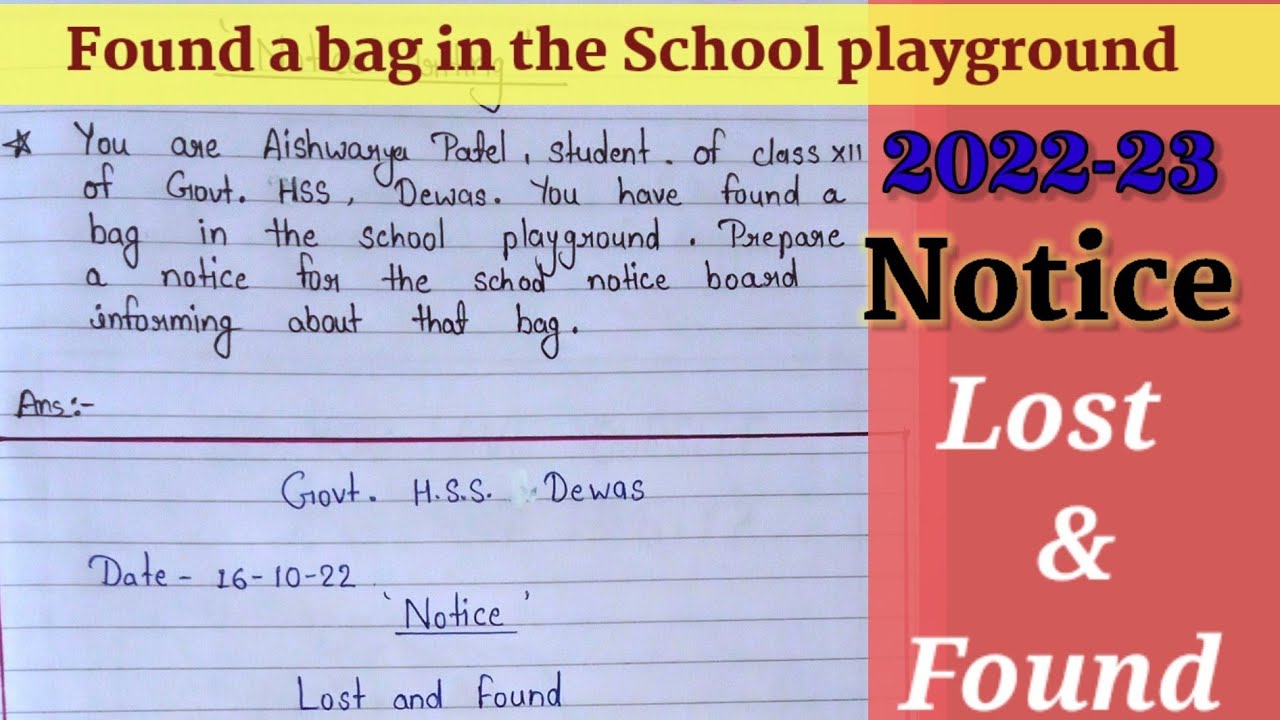 Notice Writing | Notice on found a bag in the School playground, Class -12th #english #notice #found