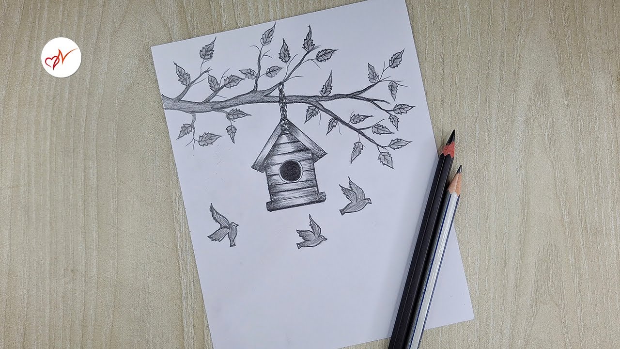 How to Draw a Birdhouse on a Tree Branch | Pencil Sketch Tutorial for Beginners