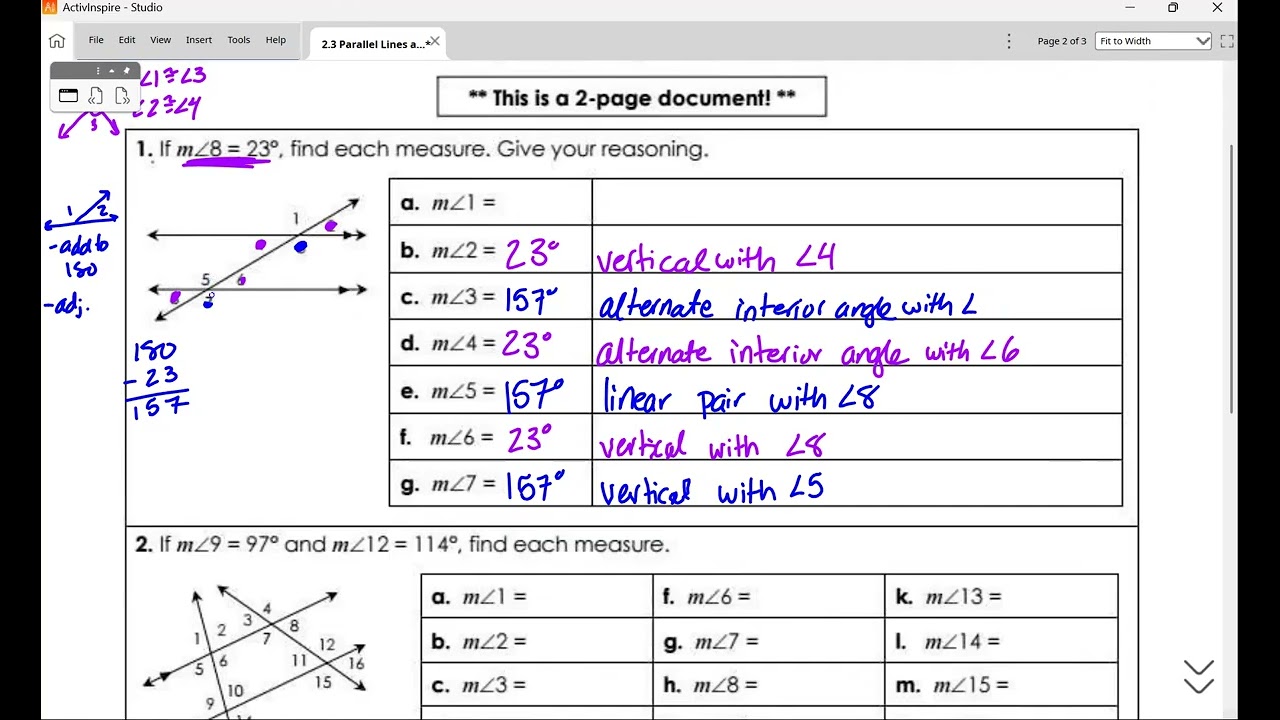 2.3 Measures of Angles Cut by a Transversal