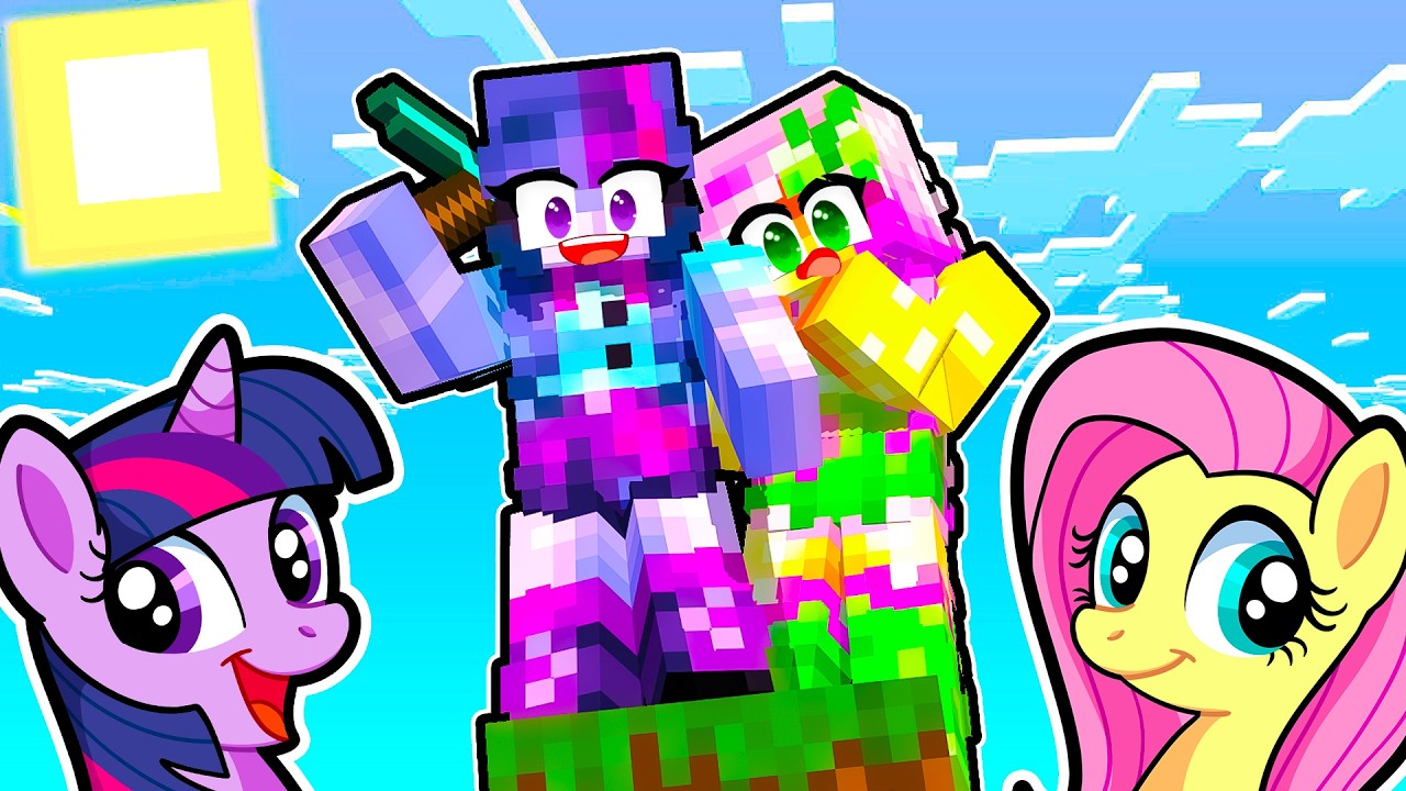 Fluttershy e Rainbow Dash tentam sobreviver no One Block TERROR no Minecraft