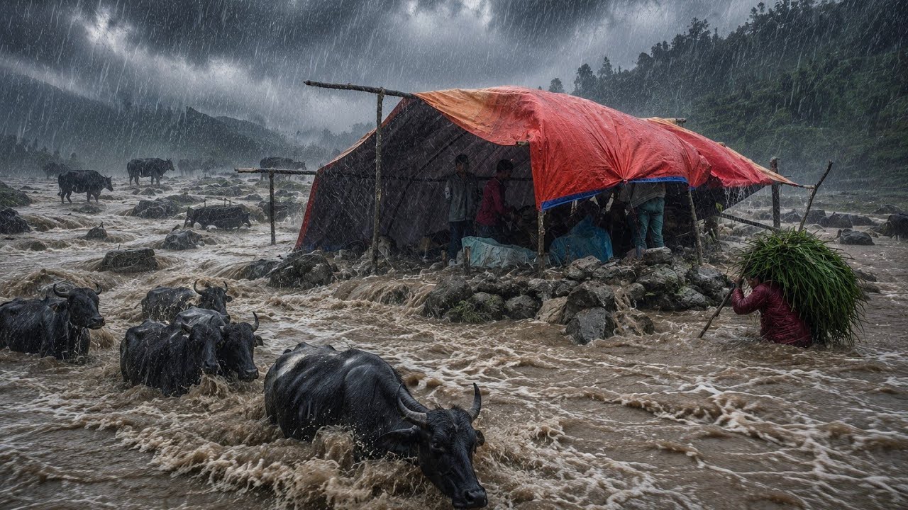 Extreme Heavy Rain Flood in Himalayan Nepal Village | Real Rural Life During Monsoon 🌧️