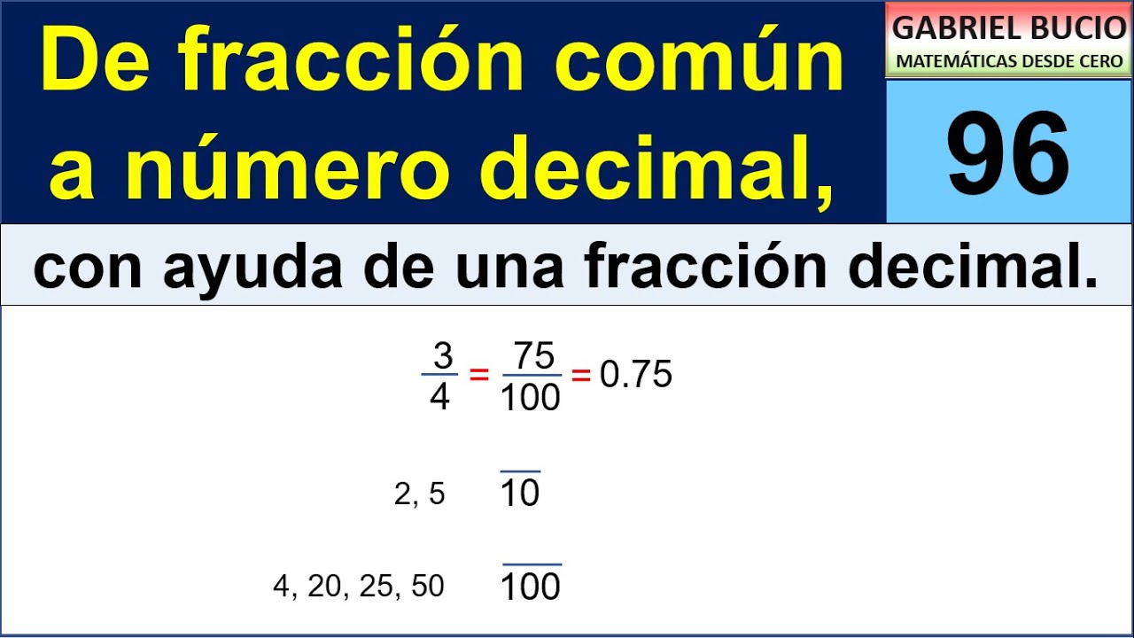96 - De fracción común a número decimal, con ayuda de una fracción decimal