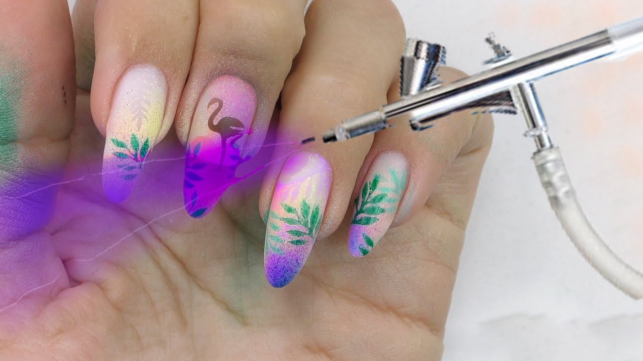 Full Nails Art Using AIRBRUSH ONLY! Tropical Vibes Nail Design