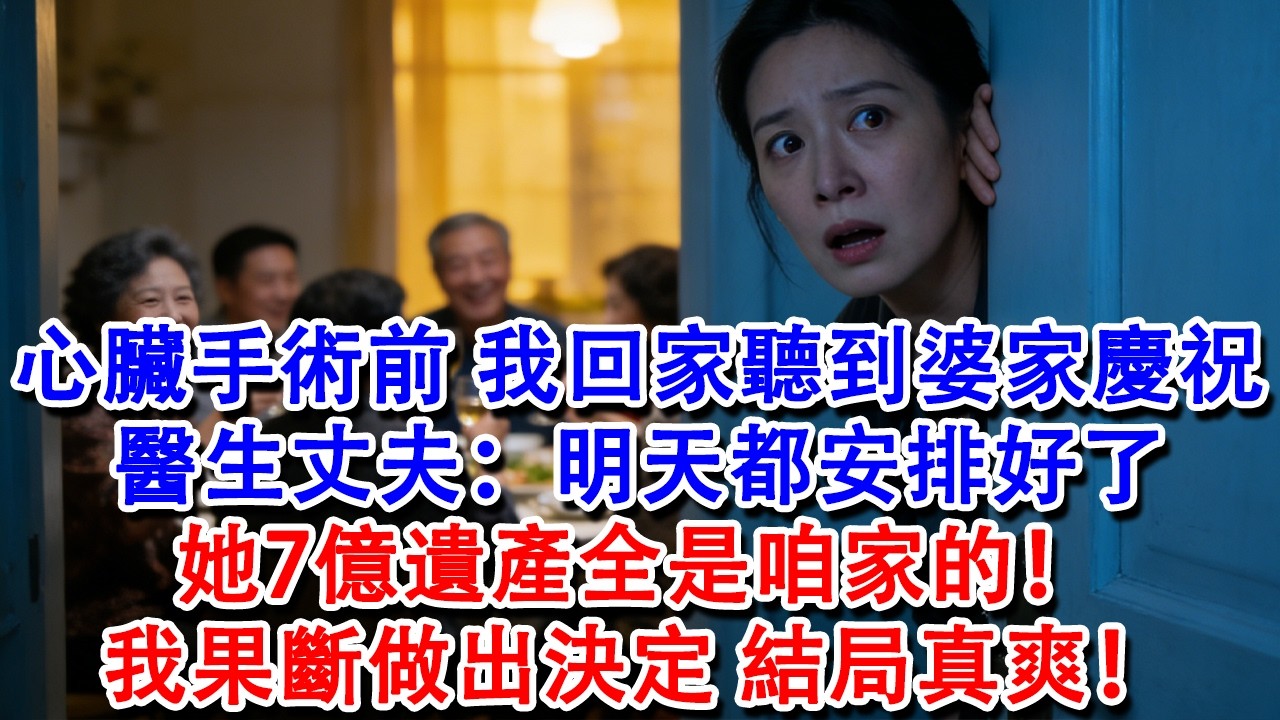 【完結爽文】我心臟手術前夜，折返回家，門縫卻聽到婆家慶祝，醫生丈夫：明天都安排好了，她7億遺產全是咱家的！我果斷做出決定，結局真爽！#婆媳 #家庭 #情感故事 #為人處世 #婚姻 #故事 #情感