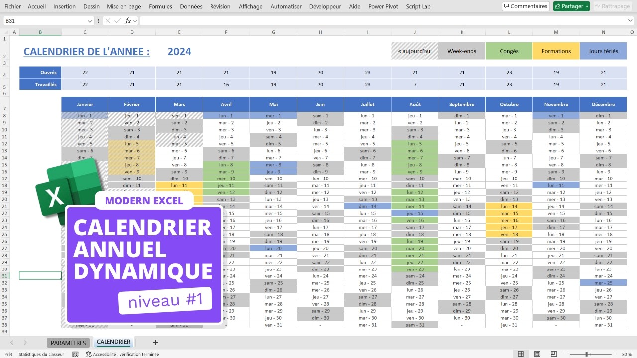 Cr&eacute;er un calendrier dynamique annuel #1 - Tuto Excel
