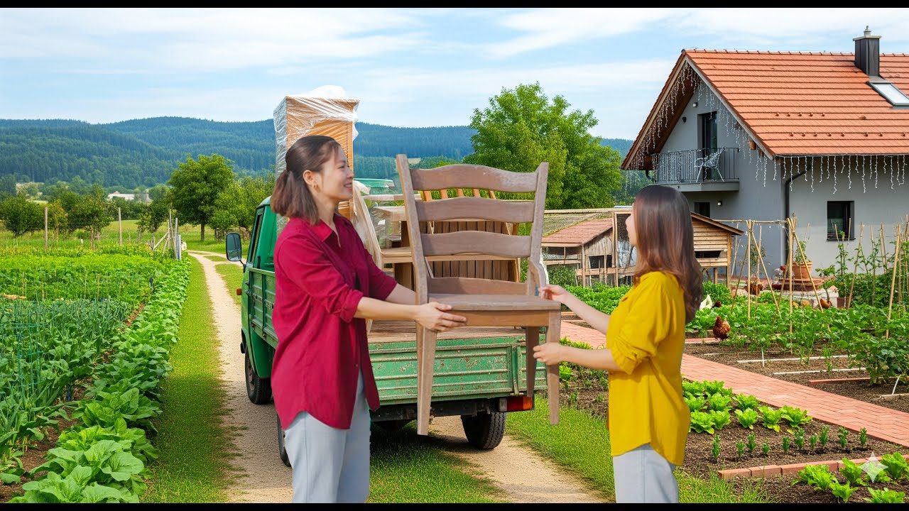 REWIND TIMELAPSE – Use Truck to Transport Wooden Furniture: Bed, Wardrobe, Table, Chairs to Vy House
