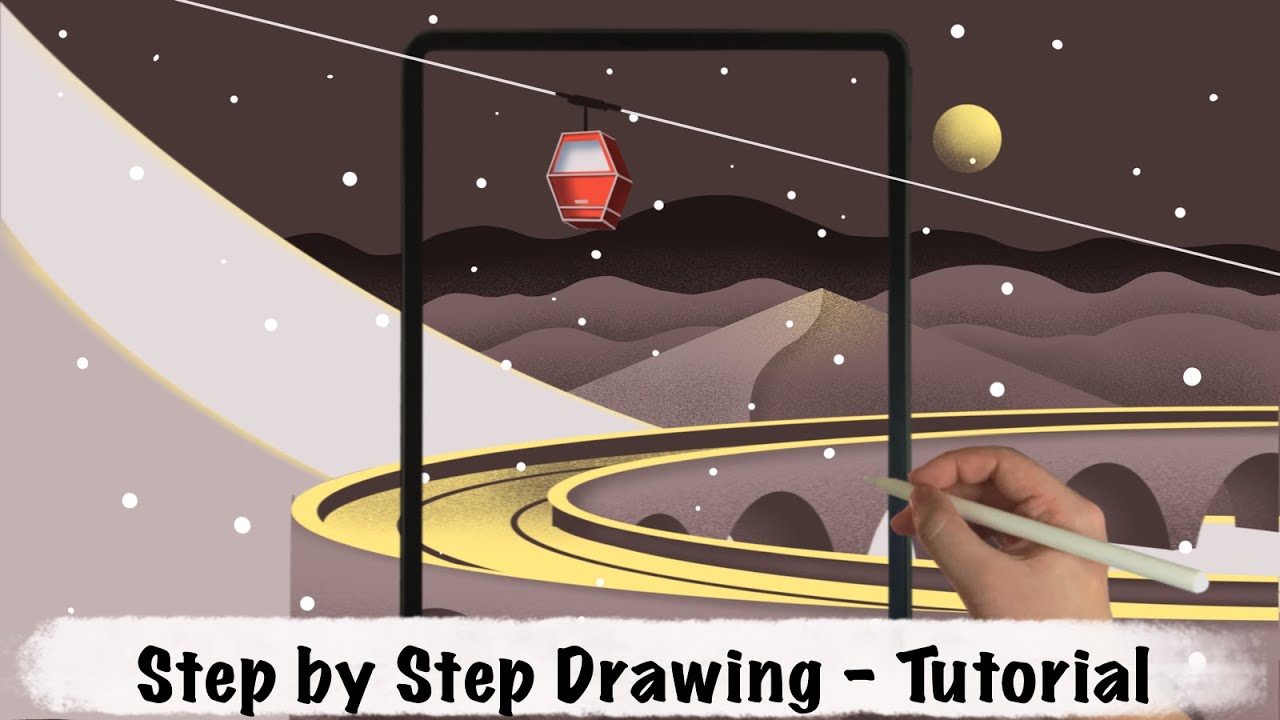 Travelling With a Cable Car Up to the Mountain iPad Procreate Drawing- Step by Step Drawing Tutorial