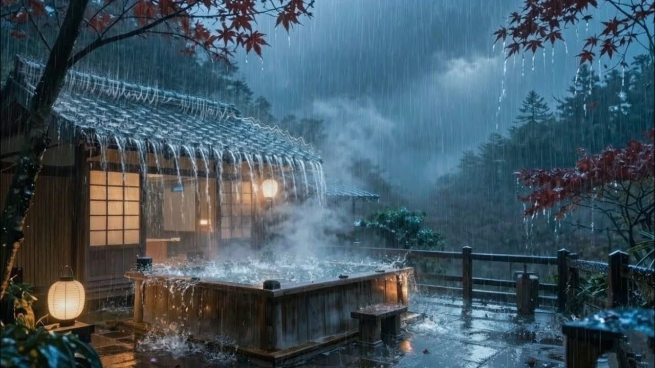 🌧️ Yağmur Sesi 10 Saat — Uyku ASMR | Uykusuzluk & Stres için |Japon Onsen| Beyaz Gürültü Uyku Müziği