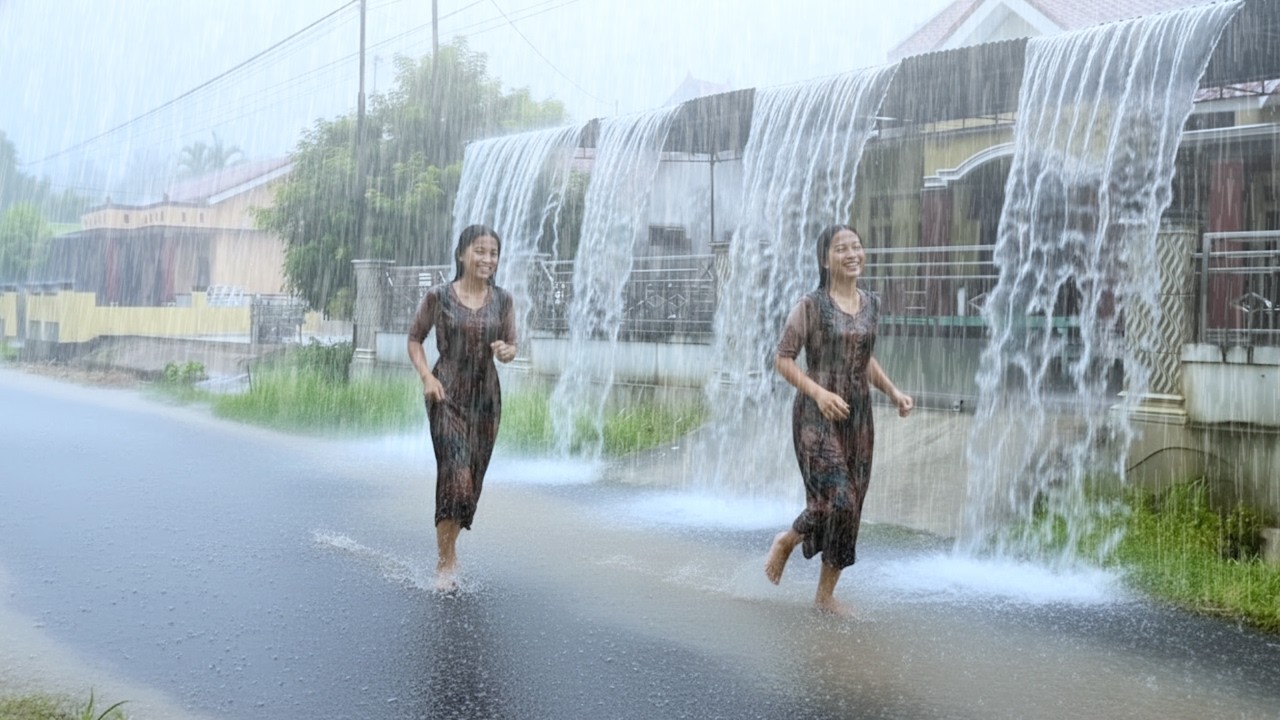 The biggest rainstorm in history in green village, heavy rain, winds and lightning, flooded roads