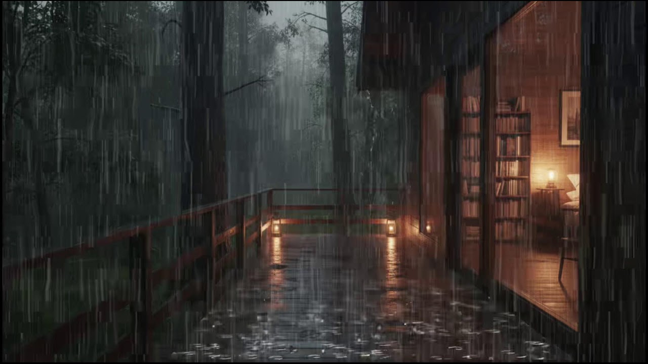 Gentle rain at a forest cabin, night rain ambience for deep sleep relief from insomnia sounds calm