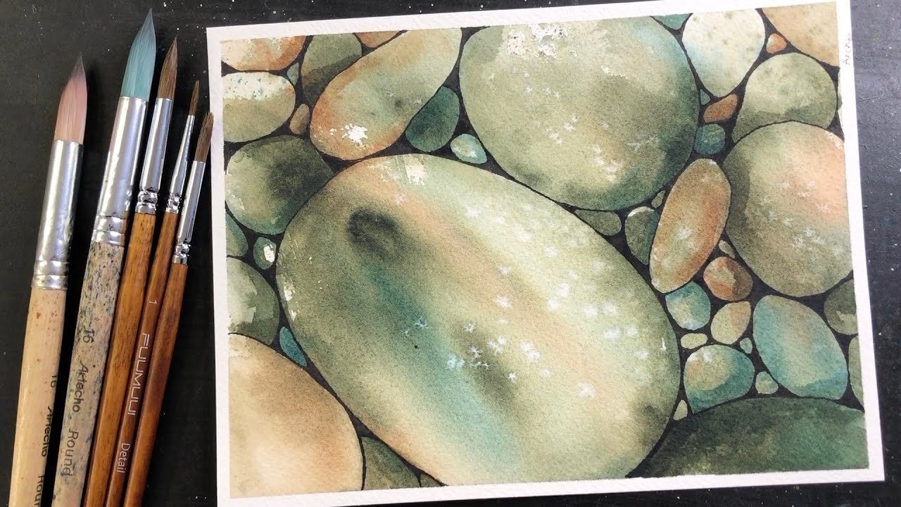 Pebbles in WATERCOLOR & INK - relaxing painting process - 413