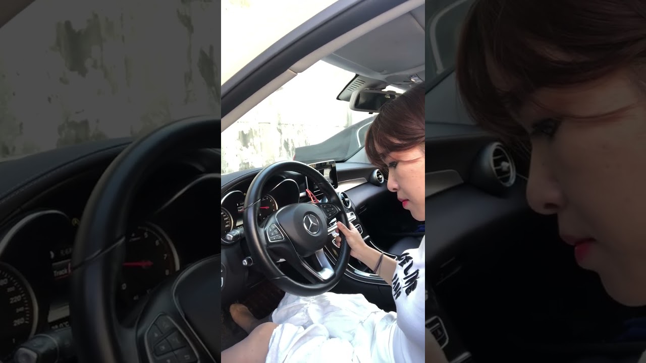 Chinese Beauty Revving Mercedes-Benz in Stockings Gas Pedal Pumping