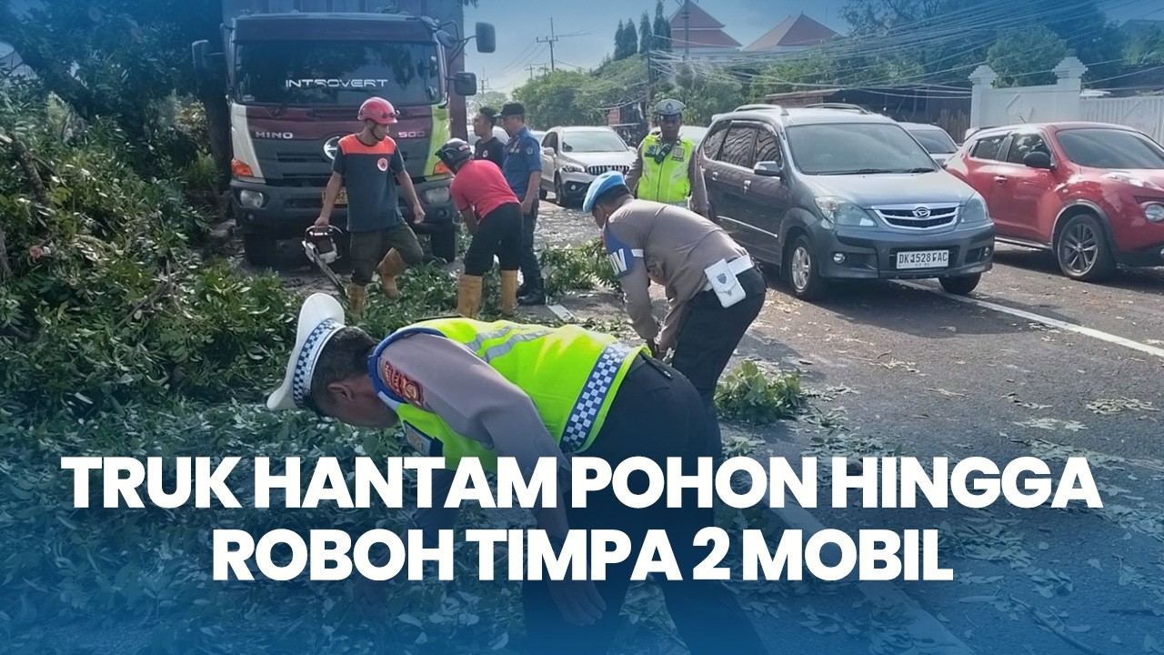 Truk Kontainer Hantam Pohon Hingga Roboh Timpa 2 Mobil dan 1 Motor, 1 Korban Dilarikan ke RS
