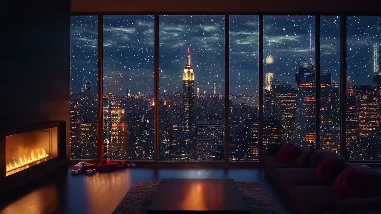 Cozy New York Night Window ❄️ Snowfall City Ambience & Crackling Fireplace for Sleep