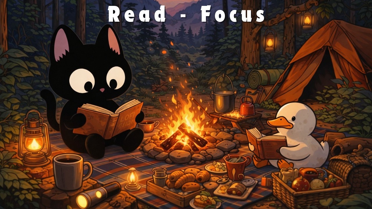 Campfire Study ⛺ Cozy Lofi Beats to Read & Focus | Night Ambience [Black Cat]