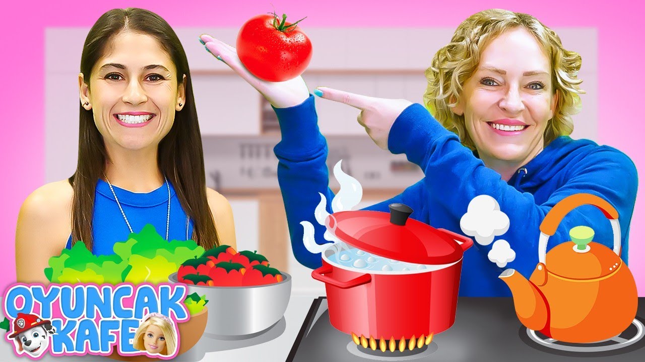 Oyuncak Kafe videosu. Play Doh hamurundan soğuk çorba, pizza ve kurabiye yapımı!