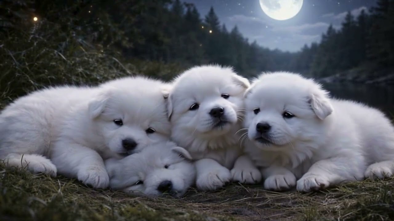 Moonlit Samoyed Puppies 🐾 | Calm Nighttime Puppy Sleep