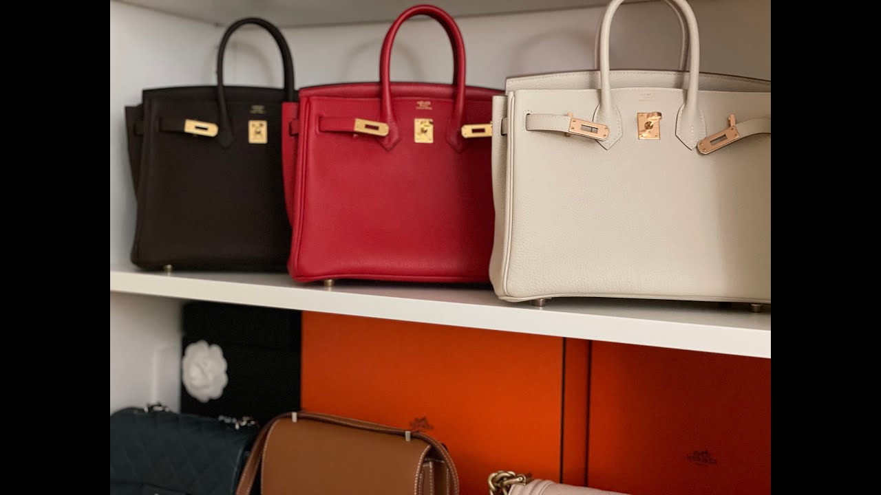 My 2021 Hermes Handbag Collection | Birkin 25 in Color Craie, Ebene, Geranium | Gold Constance Mini
