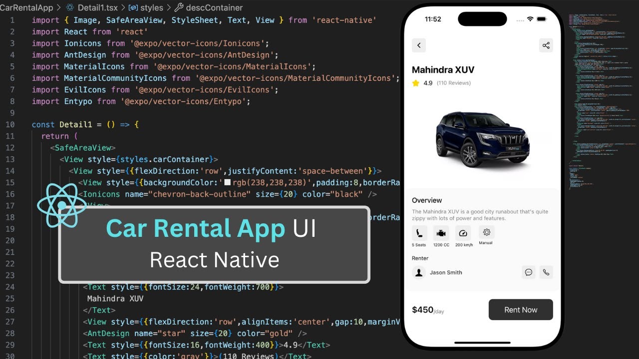 🔴  ASMR Programming | Car Rental App  UI in React Native |  No Talking