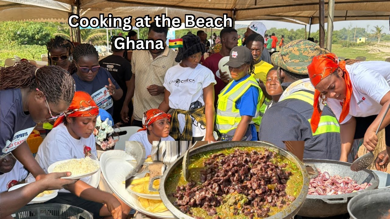 Cooking Ghana's Delicious SPICY GIZZARD SAUCE with Fried Yam / Rice at the Beach ||Ghana West Africa