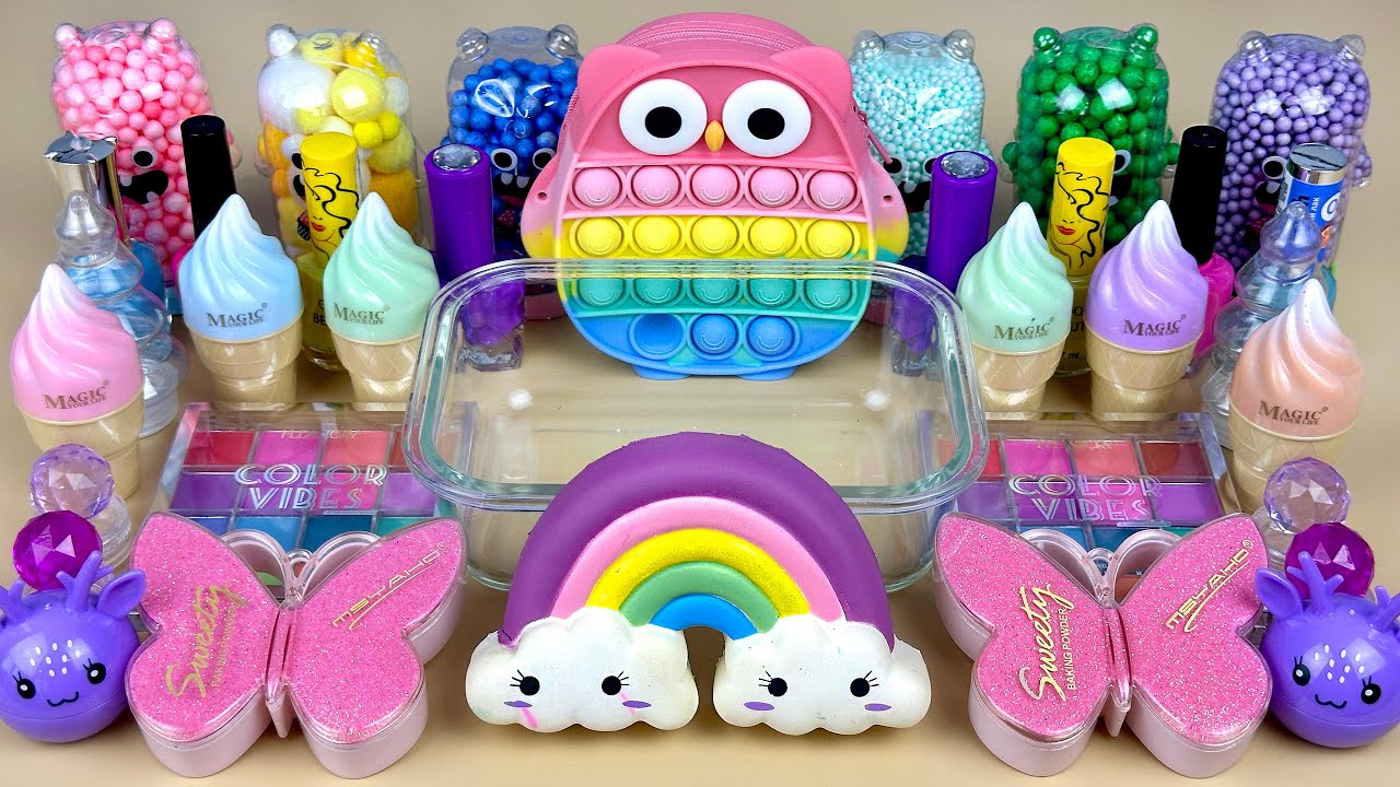 RAINBOW SLIME 🌈 Mixing rainbow Makeup Glitter and Beads into Clear Slime. ASMR Slime triggers.