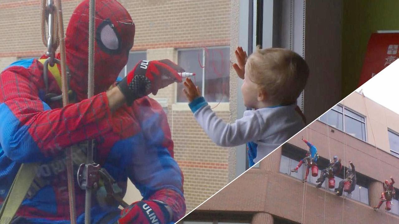 Window Cleaners Dress as Batman, Spider-Man to Cheer Kids in Iowa Hospital