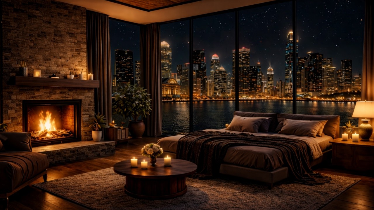 Cozy Fireplace Night 🔥 Relaxing Fire Sounds & Night City Ambience for Sleep, Study & Relax